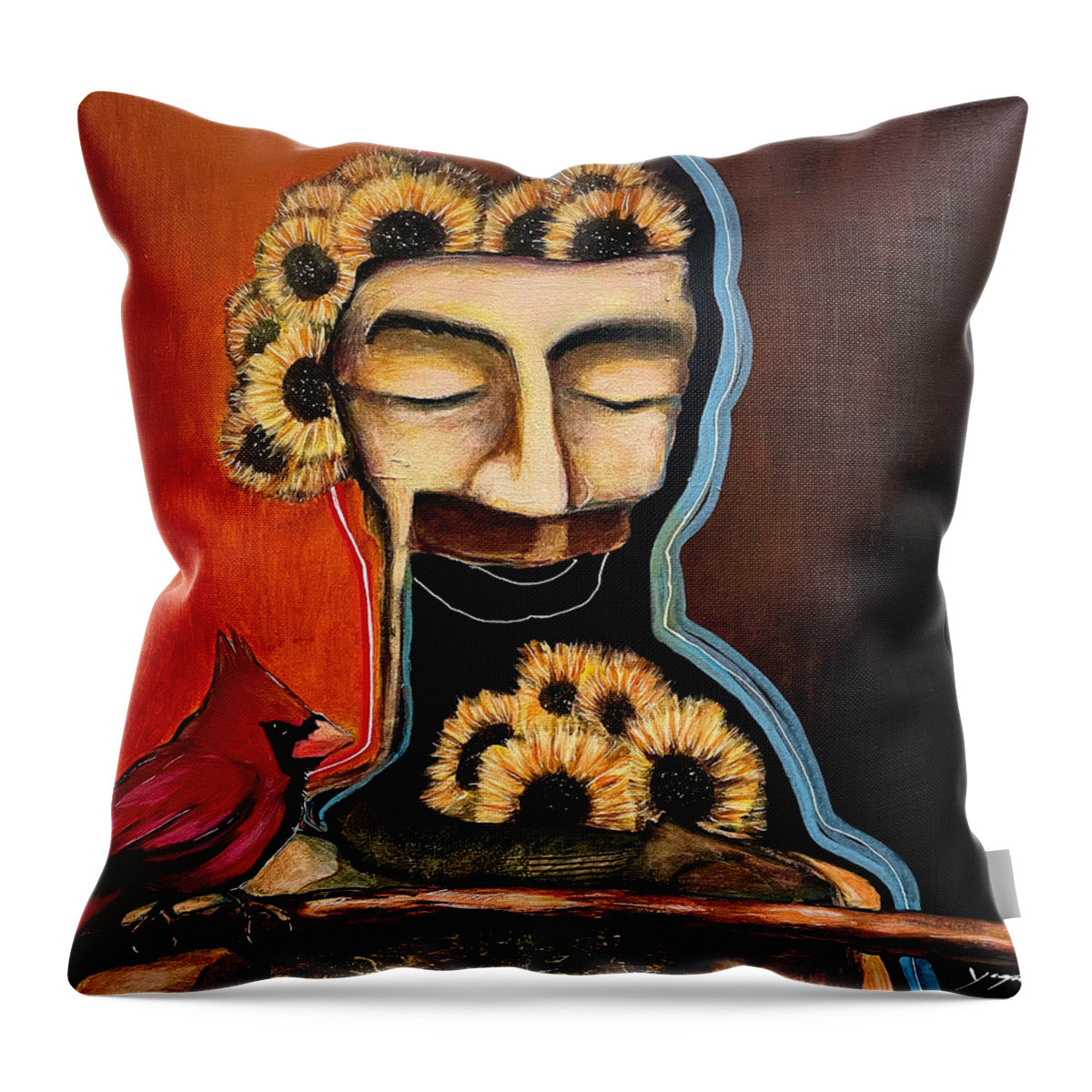 Death Mask with Cardinal - Throw Pillow